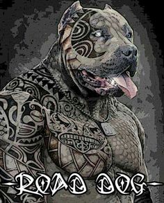 a dog with tattoos on it's face and chest, standing in front of a dark background