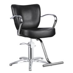 an office chair with chrome legs and black leather upholstered seat, viewed from the front