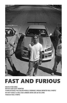 a man standing next to two cars in front of another car with the words fast and famous written on it