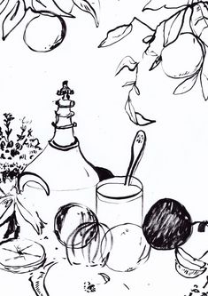 black and white drawing of an apple tree with apples in the foreground, bottles on the table