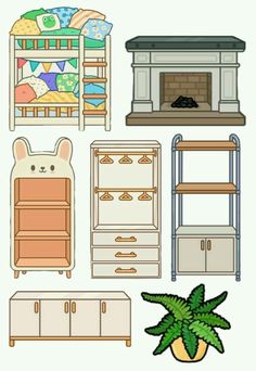 an assortment of furniture including a fireplace, bookshelf, and cupboards for children's bedroom