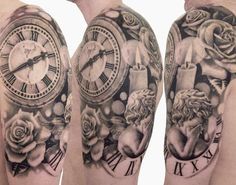 two mens half sleeve tattoos with clock and roses on the arm, both in black and white