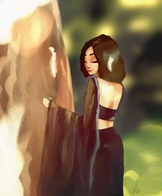 a digital painting of a woman in a black dress and brown hair standing next to a horse