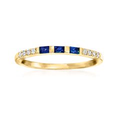 Ross-Simons - .10ct t. w. Sapphire Ring, Diamond Accents in 14kt Yellow Gold. Size 10. Featuring a trio of velvety sapphire baguettes totaling .10 carats, this slender 1/16" wide ring is flanked with diamond accents for an icy glow. It's a fabulous touch of everyday sparkle and shine. Set in gleaming 14kt yellow gold. 1/16" wide. Sapphire ring. Sapphire birthstones are the perfect gift for September birthdays. Coral Drop Earrings, Opal Drop Earrings, Sapphire Birthstone, Sapphire Necklace Pendants, Ring Sapphire, Wide Ring, Ring With Diamond, Sapphire Pendant, Wide Rings