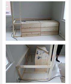 two pictures of the same furniture in different stages of being built and assembled with wood