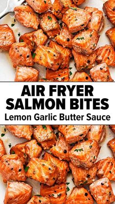 an air fryer salmon bites recipe with lemon garlic butter sauce on top and in the background