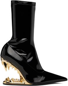 Mid-calf stretch vinyl boots in black. · Pointed toe · Leather insole · Covered sculptural heel · Leather sole with rubber injection · Heel: H4 Supplier color: Nero Luxury Mid-calf Boots With Sculpted High Heel, Vinyl Boots, Shane Justin, Shoes Wishlist, Calf Stretches, Powerful Art, Black Tweed, Character Ideas, Cute Casual Outfits