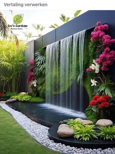 an outdoor garden with waterfall and flowers