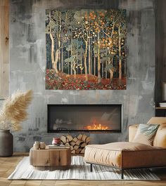 a living room with a fire place and painting on the wall