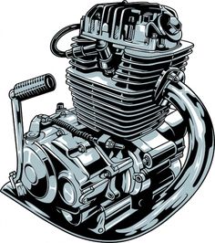 an image of a motorcycle engine in black and white