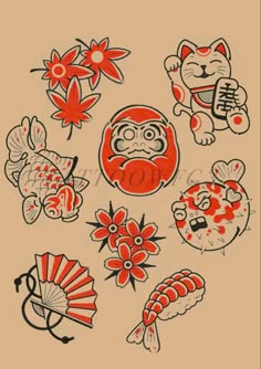 an assortment of japanese tattoos on a beige background with red and black ink, including fish,