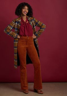 All Aboard For Corduroy Flare-Leg Pants | ModCloth Holiday Party Pants, 60s Inspired Outfits, Vintage Chic Fashion, 60s Mod Fashion, Plus Size Vintage Clothing, Librarian Style, Designer Plus Size Clothing, Outfits 70s, Statement Outfit