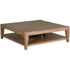 a wooden coffee table with two shelves underneath it