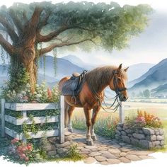 a painting of a horse standing in front of a fence with flowers and trees around it