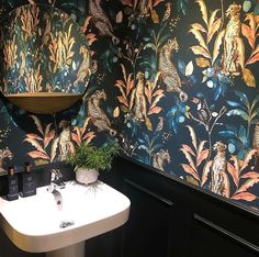 a bathroom with a sink and wallpaper on the walls is pictured in this image