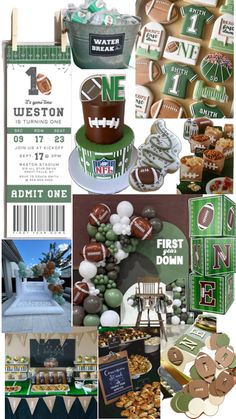 a collage of football themed items including cake, cupcakes and other decorations