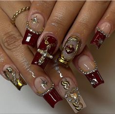 Red And Gold Nails, Accepting New Clients, Hippie Nails, San Dimas, Classy Acrylic Nails, Long Square Acrylic Nails, Unique Acrylic Nails, Bling Acrylic Nails, New Clients