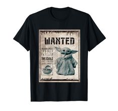 a black shirt with an image of baby yoda on the front and words that read wanted