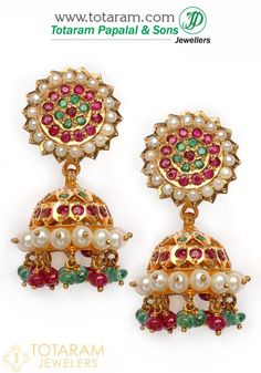 22 Karat Gold Jhumka with Rubies , Emeralds & Pearls. Gross Gold Weight: 18.000 - 18.500 grams Ruby & Emerald Weight: 3.00 Carats Screw Type : Madras Screw Length of Earrings : 1.50 inches Width of Top : 0.65 inches Wid 22 Karat Gold Jewelry, Gold Jhumkas, 22k Gold Earrings, Wedding Flower Jewelry, Indian Gold Jewelry, Gold Jhumka, 22k Gold Jewelry, Gold Jewelry Stores, Gold Dangle Earrings