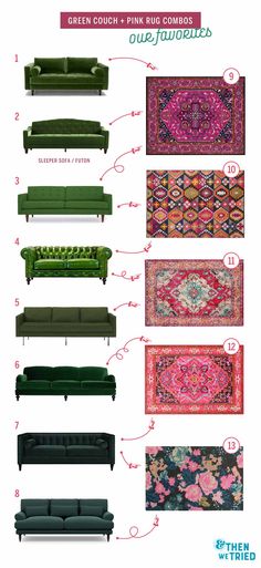 green couches and rugs are featured in this info sheet