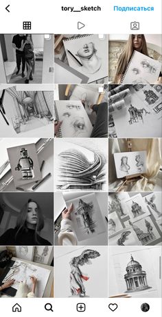 an iphone photo collage with black and white images, including people's drawings