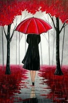 a painting of a woman walking in the rain with an umbrella over her head and trees behind her