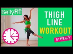 a woman is dancing in front of a clock with the words, thigh line workout 10 minutes