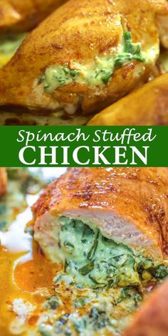 spinach stuffed chicken in a casserole dish