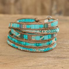 Blue Hand-Beaded Wrap Bracelet - Atitlan Waves | NOVICA Natural Gamine Style, Leather Bracelet Diy, Western Wedding Ideas, Leather Bracelet Tutorial, Natural Gamine, Diy Leather Bracelet, Beachy Jewelry, Tila Beads, Leather Wrap Bracelets