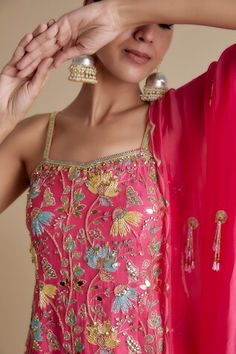 Pink kurta with multicolor cutdana, gold sequin, mirror embellishment in floral pattern. Paired with embellished palazzo and dupatta. - Aza Fashions Kurta Palazzo Set, Pink Kurta, Women Kurta, Palazzo Set, Straight Kurta, Silk Organza, Gold Sequin, Set Women, Sweetheart Neck