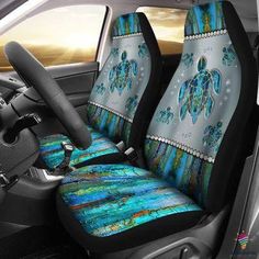 turtle car seat covers with sea turtles on the front and back seats in turquoise colors