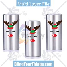 three stainless steel cans with reindeer noses on them