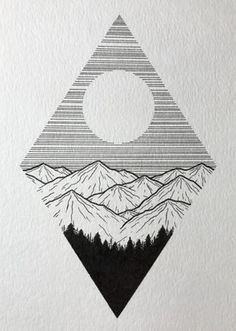 a black and white drawing of mountains with a sun in the middle, on paper