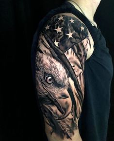 an eagle with the american flag on his arm