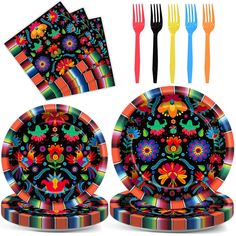 colorful mexican dinnerware set with forks and napkins