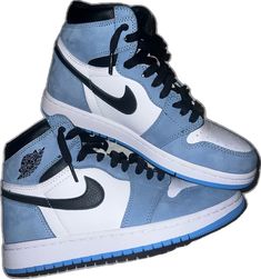 Nike Blue High-top Sneakers With Rubber Sole, Nike Blue High-top Sneakers With Laces, Light Blue High-top Jordan Shoes With Branded Insole, Blue High-top Sneakers With Contrast Sole, Custom Light Blue Leather Nike Sneakers, Blue Nike Custom Lace-up Sneakers, Nike Blue Lace-up Custom Sneakers, Blue High-top Custom Sneakers With Laces, Blue Mid-top Basketball Shoes With Contrast Sole