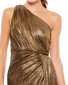 Metallic Draped One Shoulder Grecian Dress – Mac Duggal Brown Evening Dresses, Grecian Gown, High Neckline Dress, Metallic Gown, Cocktail Dress Style, Grecian Dress, Summer Bridesmaid Dresses, Drape Gowns, One Shoulder Gown