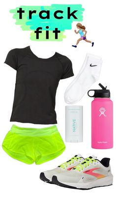 a women's running outfit with the words track fit on it and a water bottle