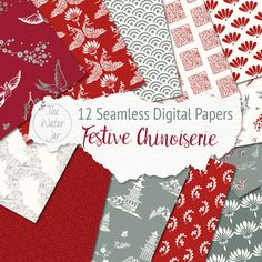 twelve seamless digital papers with red and grey designs