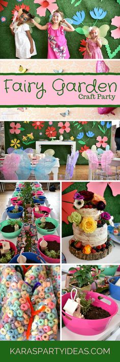 a collage of photos showing different cakes and cupcakes for a fairy garden birthday party