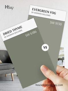 The image displays two Sherwin Williams paint swatches being compared. The swatch on the left is labeled "Dried Thyme" with the code SW 6186, and the swatch on the right is labeled "Evergreen Fog" with the code SW 9130. Both colors are muted shades of green, with Dried Thyme appearing slightly darker and richer than Evergreen Fog, which has a more subdued and grayish undertone. There is a white circle in the middle with the letters "VS," indicating a comparison between the two colors. Sw Dried Thyme Paint, Fog Sherwin Williams, Evergreen Fog, Arizona House, Dried Thyme, Muted Green, Exterior Paint Colors For House, House Paint Exterior, Master Bedding