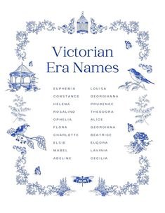 victorian era names in blue and white with birds, flowers, and cages on them