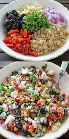 two white bowls filled with different types of food