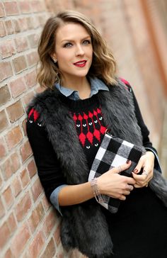 Buffalo Check | Charming Charlie | Fair Isle Charm | Penny Pincher Fashion Black Vest Top, Nyc In December, Penny Pincher Fashion, Penny Pincher, Street Style Paris, Gameday Outfit, Black Vest, Fair Isle Sweater, Flagship Store