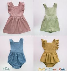 four different types of rompers with ruffles on the front and back, all in various colors