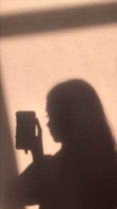 the shadow of a person holding a camera in front of a wall with a window