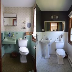 two pictures of a bathroom with toilet, sink and mirror