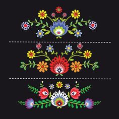 a set of colorful flowers and leaves on black background with white stitching in the middle