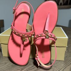 Questions? Leave A Comment Below! Pink Leather Toe Post Sandals, Pink Toe Post Leather Sandals, Michael Kors Pink Round Toe Sandals, Michael Kors Pink Open Toe Sandals, Michael Kors Shoes, Pink Gold, Leave A Comment, Grapefruit, Women's Shoes Sandals