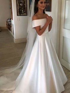 Amazing Covered Button A-line Satin Wedding Dresses - Ivory / Floor Length - wedding dresses Satin Wedding Dress Simple, Off Shoulder Wedding Dresses, Cheap Bridal Dresses, Modest Wedding Gowns, Off Shoulder Wedding Dress, White Bridal Dresses, Cheap Wedding Dresses Online, Wedding Dress Belt, Wedding Dresses Satin